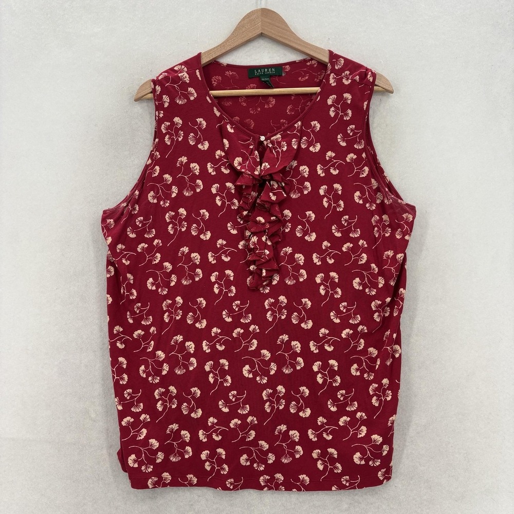 Lauren Ralph Lauren Tank Top Womens 2X Plus Red Floral Ruffle Scoop Neck Jersey